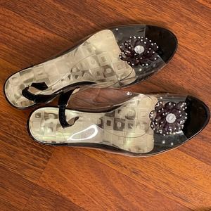 Clear Rhinestone Flower Slides Heels Open Toe Size 245